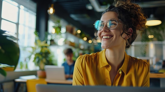 Happy Woman Wearing Glasses Working in Modern Office