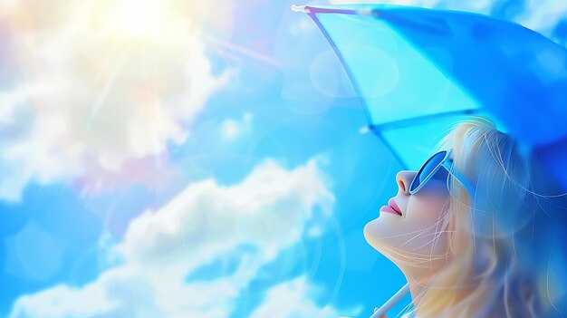 Photo happy woman with sunny blue sky holding a blue umbrella