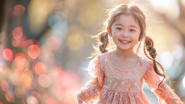 Photo happy young girl wearing pink dress smiles in sunlight outdoors