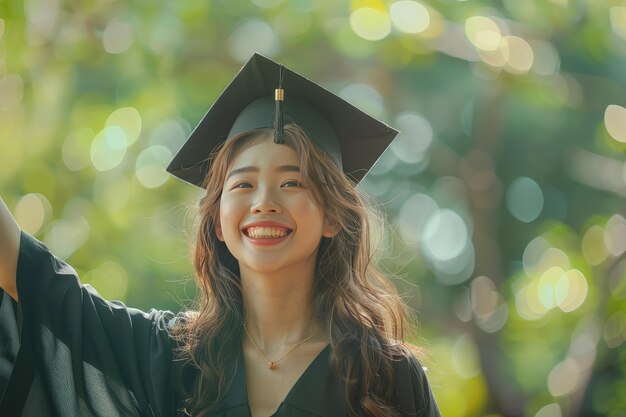 Photo a happy young woman in a graduation gown holding a diploma tube in his hand with his arm extended up