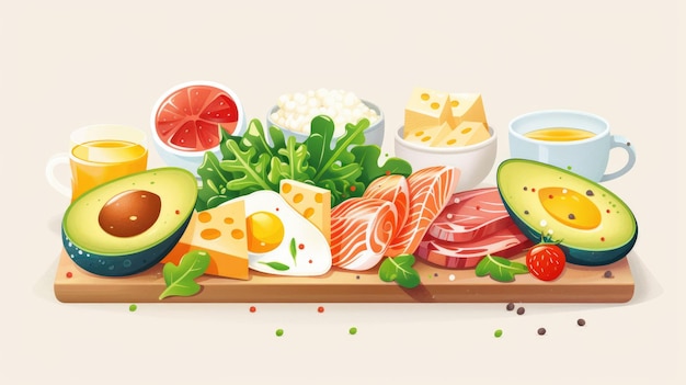 Photo healthy breakfast platter with avocado cheese salmon and fresh greens