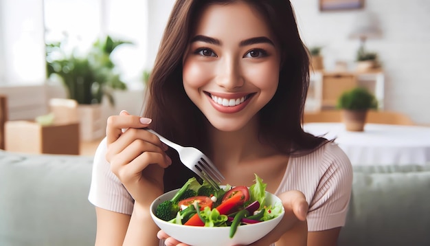 Healthy eating salad fresh vegetables woman is sitting on a sofa and smiling while holding a fork an