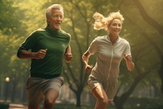 Healthy elderly woman and man running in the park jogging sports adult