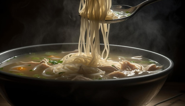 Healthy homemade noodle soup with pork and vegetables served hot generated by artificial intelligence