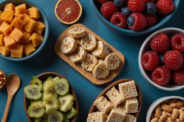 Photo healthy snacks flat lay on blue