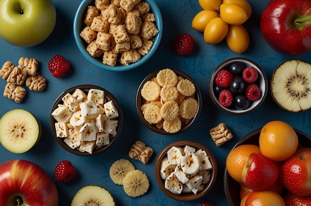 Photo healthy snacks flat lay on blue