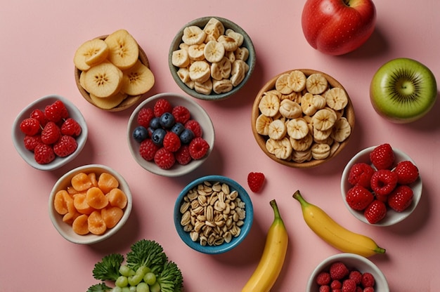 Photo healthy snacks flat lay on pink