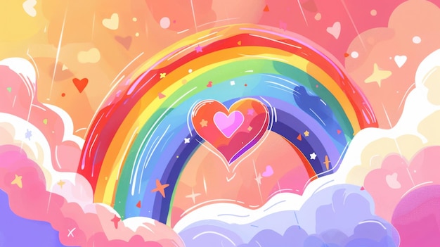 Heart and Rainbow Illustration in a Dreamy Sky