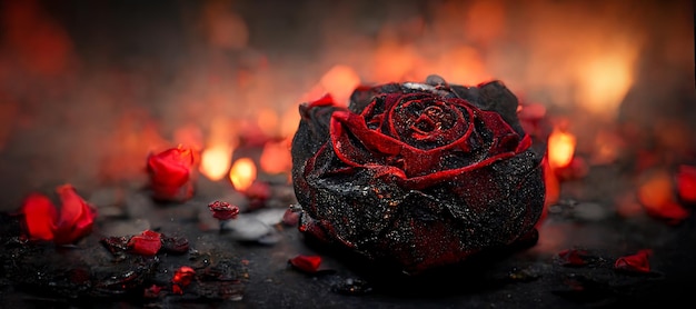 Heartbroken concept by half burnt rose and ashes Digital art 3D illustration