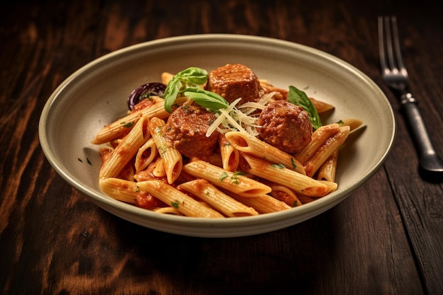 Photo hearty penne pasta with meatballs in a rich tomato sauce