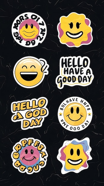 Hello have a good day vector illustration Set of modern trendy acid stickers Smile emoji sign