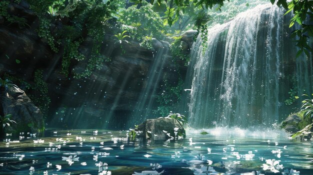 Foto het verfrissende gevoel onder een waterval te staan met helder water dat naar beneden stort