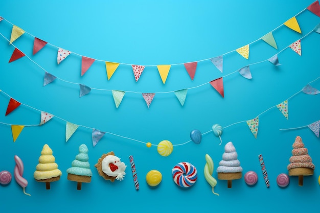 Photo high angle view of candies and bunting on blue background