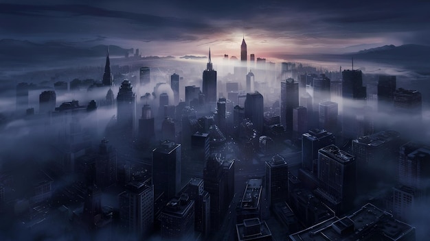 Highangle view of a city skyline at dawn thick fog emerging sunlight