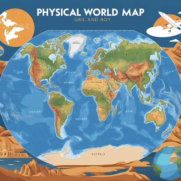 Photo highly detailed physical world map with labeling vector illustration