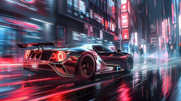 HighPerformance Sports Car Races Through Futuristic Cityscape at Dawn