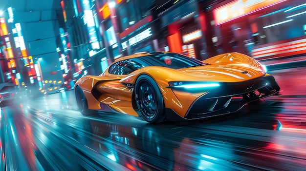 HighSpeed Sports Car Racing through a Futuristic Cityscape at Dusk