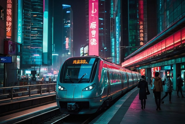 Photo highspeed train in the city at night shanghai china