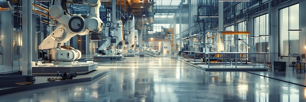 Photo a hightech manufacturing plant with robotic arms and automated systems working efficiently in a clean and industrial environment generative ai