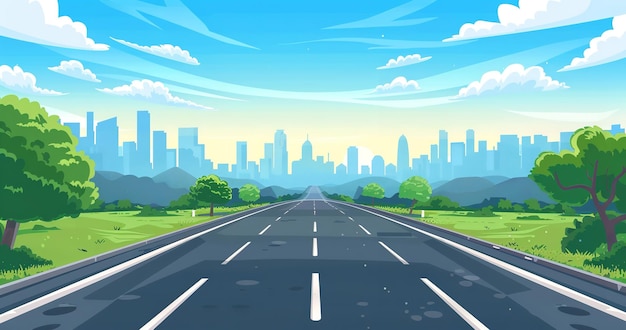 Photo highway cars highway vista empty road and the skyline of a city on the horizon illustration of an asphalt road without any cars or people on it generative ai