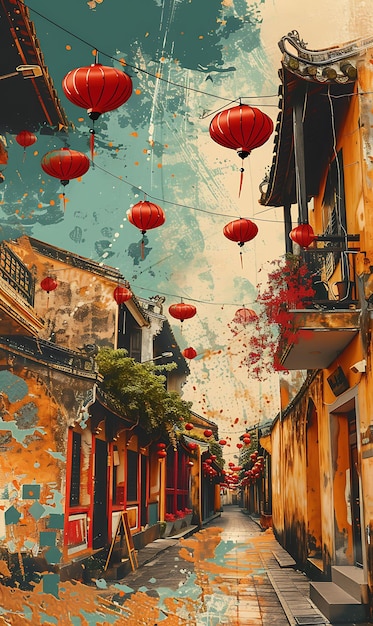 Hoi an Ancient Town in Vietnam With Lantern Texture Fabric C Illustration Trending Background Decor