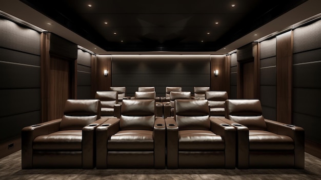 A home theater with leather seats and a wall with lights.