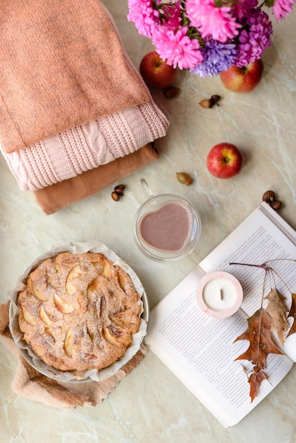 Homemade apple pie on a white background near the window closeup and copy space