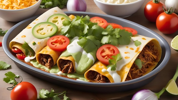 Homemade chicken enchiladas in dish on wooden table Top view