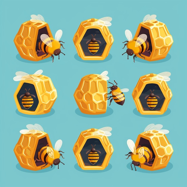 Photo honey bee hive icon set isolated on background