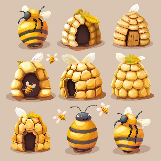 Photo honey bee hive icon set isolated on background