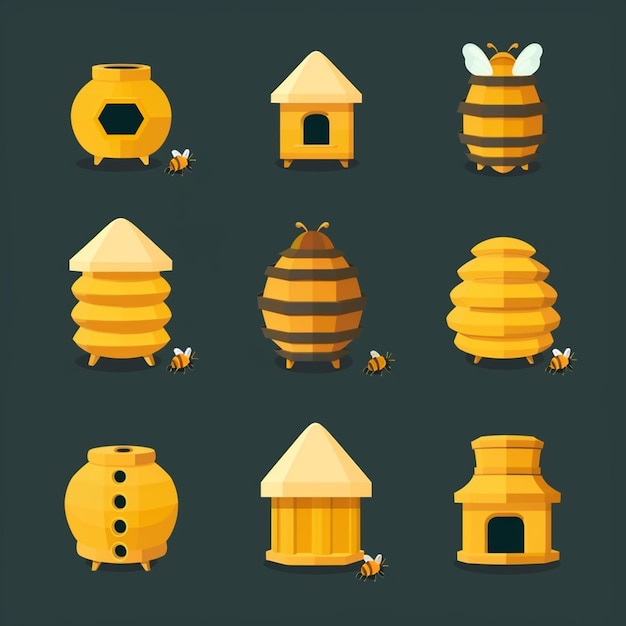 Photo honey bee hive icon set isolated on background