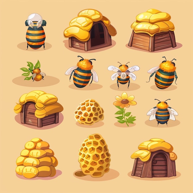 Photo honey bee hive icon set isolated on background