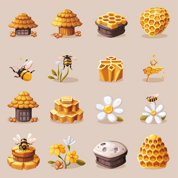 Photo honey bee hive icon set isolated on background