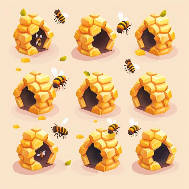 Photo honey bee hive icon set isolated on background