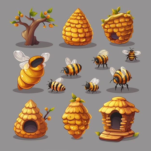 Photo honey bee hive icon set isolated on background