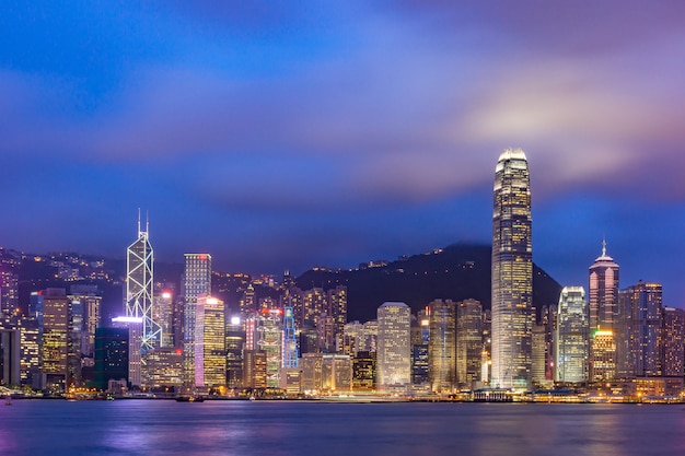 Hong Kong skyline cityscape downtown skyscrapers over Victoria Harbour in the evening. Hong Kong, China