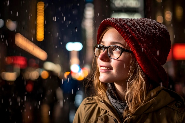 Hopeful Girl Snowy Cityscape