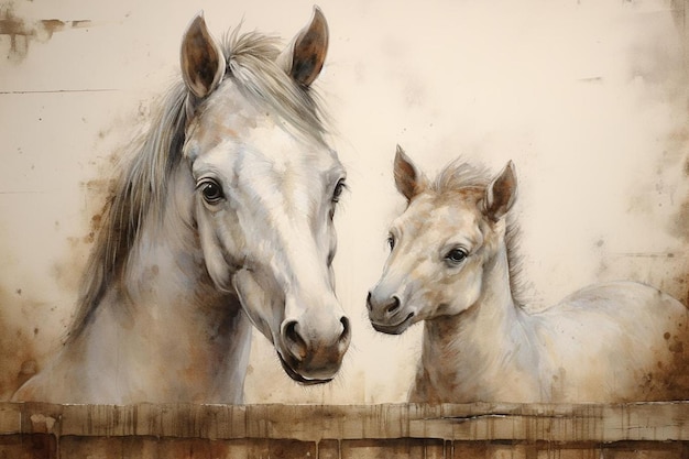 Horse and foal nuzzling in barn