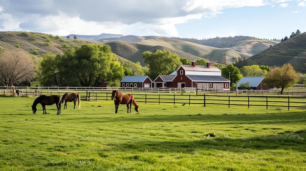 Photo a horse is grazing in a field with a barn in the background