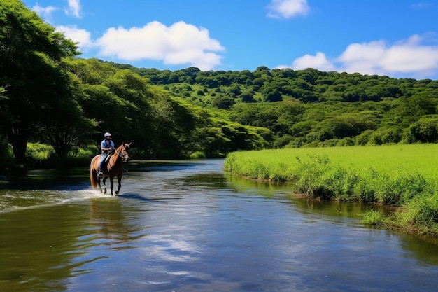 Horseback ride along a winding river in a lush valle