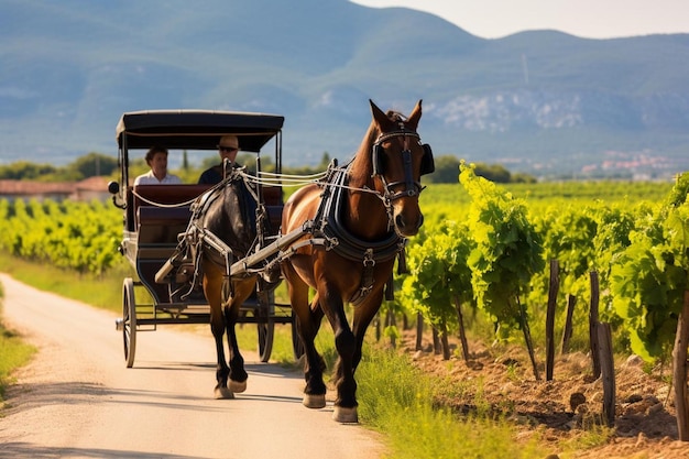 Horsedrawn carriage passing by a picturesque vineya