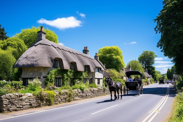 Horsedrawn carriage passing through a quaint countr