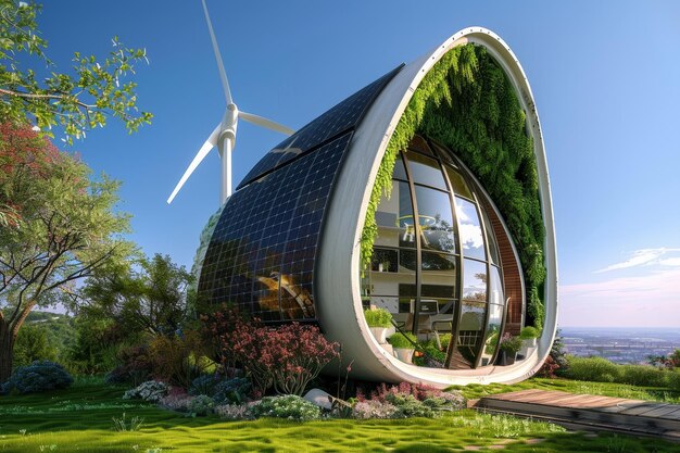 Photo a house featuring a wind turbine on its roof utilizing renewable energy to power the residence create a structure that incorporates renewable energy sources such as solar panels or wind turbines