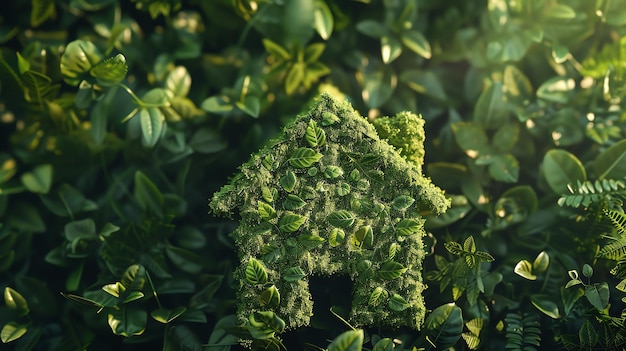 Photo a house shape made of leaves sits in the middle of a lush green landscape