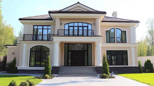 a house with a balcony and a large front door