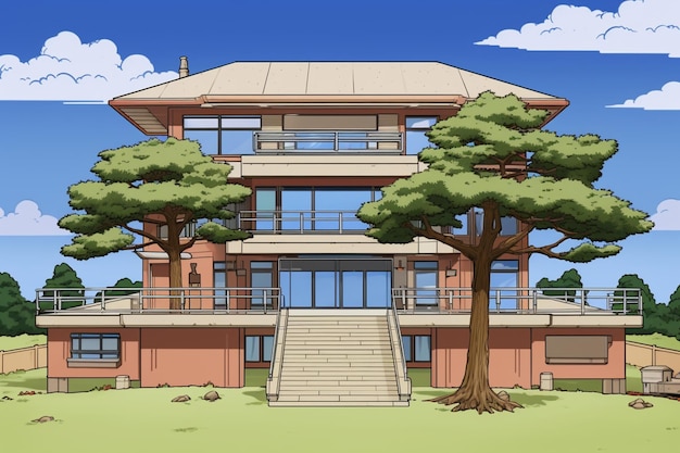 A house with a large roof and a balcony with a tree in the middle