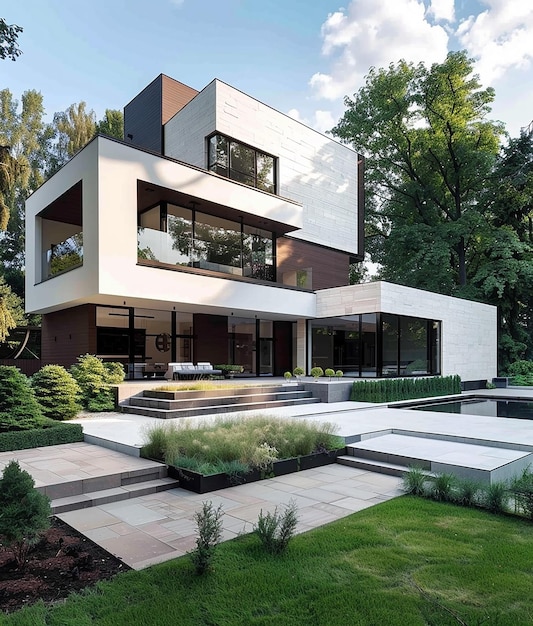 a house with a lot of windows and a garden with trees in the background