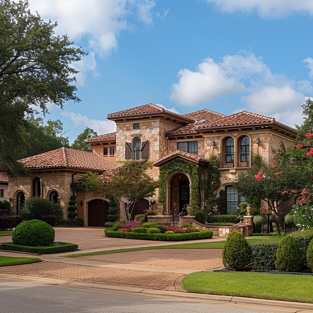 a house with a red roof and a brick driveway