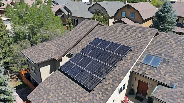 Photo a house with a solar panel on the roof and a house with a blue door