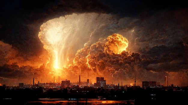 Photo huge explosion above city skyline apocalyptic sky spectacular art illustration